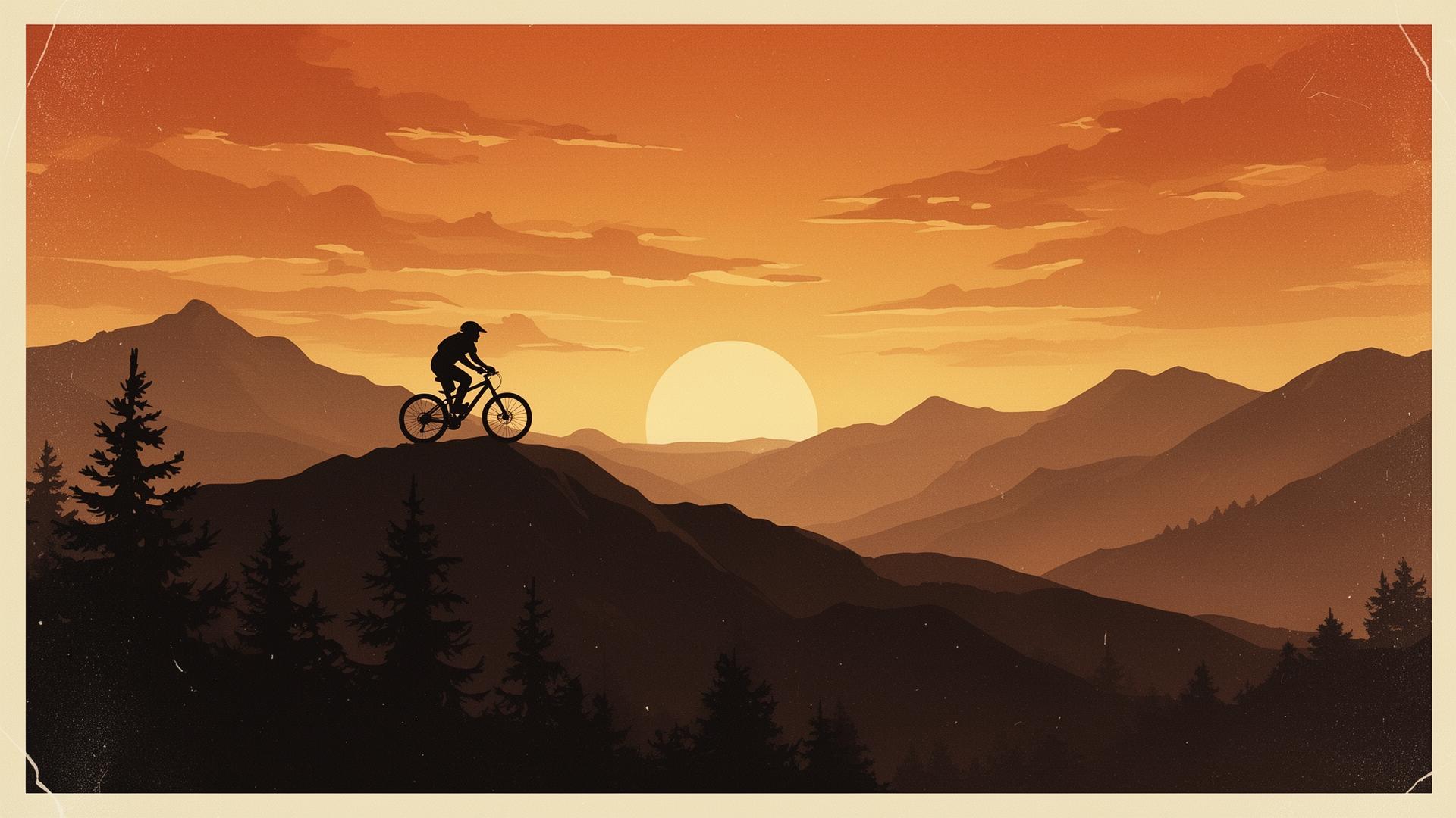 Silhouette of a mountain biker riding a ridgeline at sunset